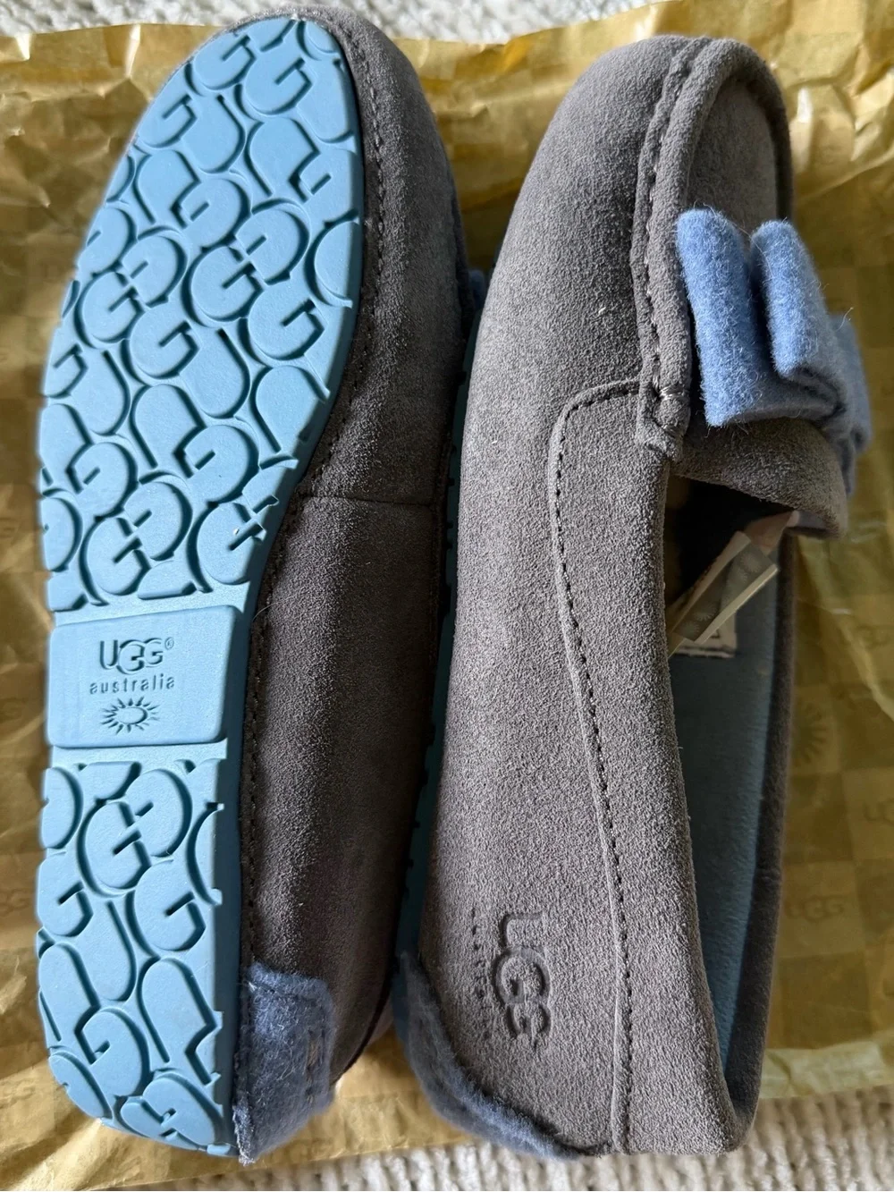 UGG Kids Grey Suede Bow Slippers with Light Blue Trim